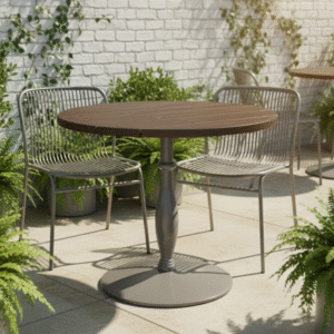 iron base pine top table for outdoor