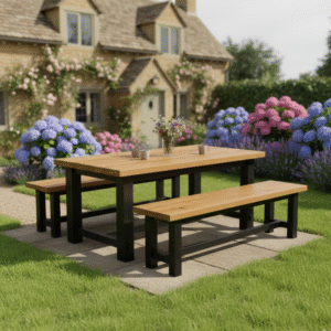 Character Oak Outdoor, Indoor Table and Benches Set. Painted Hardwood Frame.