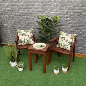 Outdoor Lroko Table and Chairs Set, with Jungle Theme Cushions. Finished in Dark Teak