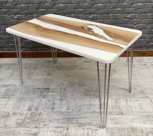 Resin table top with character beech planks & hairpin legs